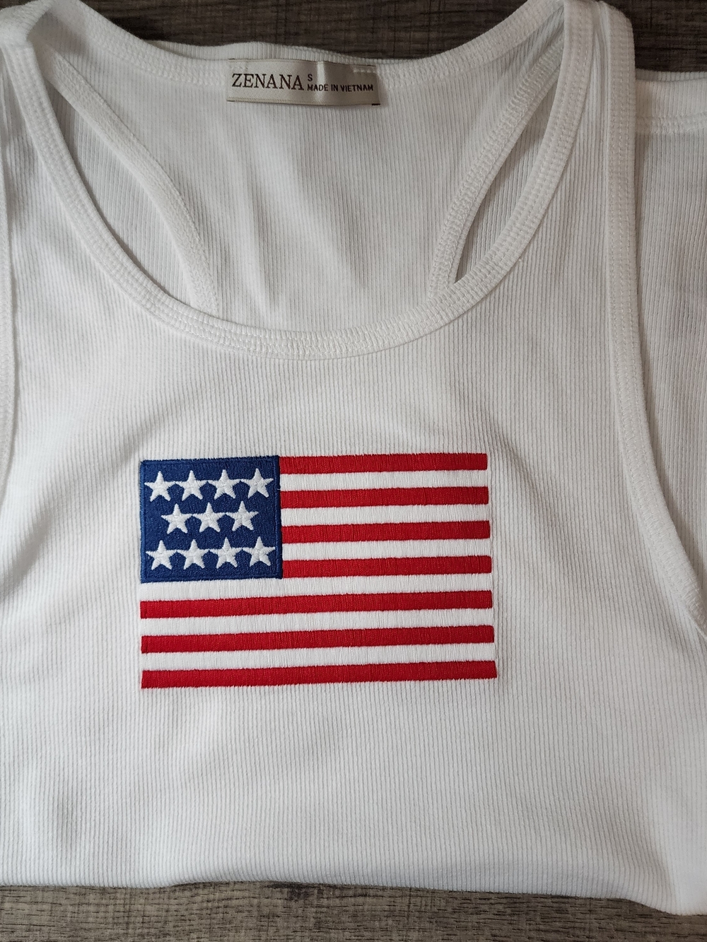 Zenana - White Tank Top with Red & Blue Flag Embroidery. Ribbed, Razerback